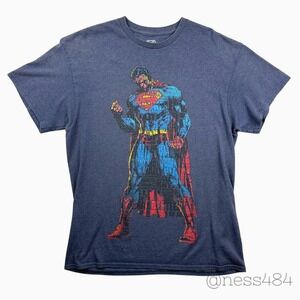 Superman Graphic T Shirt Men's Blue Comic Book Art Tee Size L